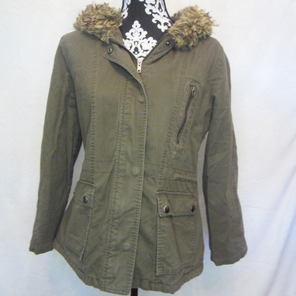 Forever 21 Army Green Fur Hooded Women's Large  Zipper/Button Jacket - Picture 1 of 7